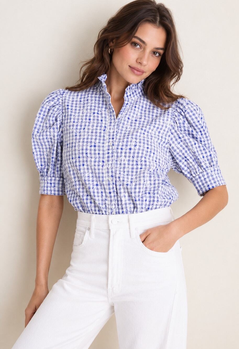Tuckernuck Hyacinth House Louisa Blue Gingham Puff Sleeve Blouse Size Small